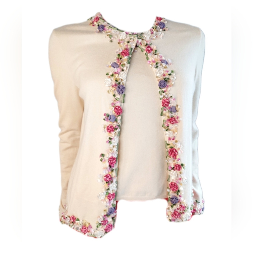 $3,550 OSCAR DE LA RENTA CASHM SILK EXCLU. EMBR KNIT CARDIGAN TOP TWIN SET S